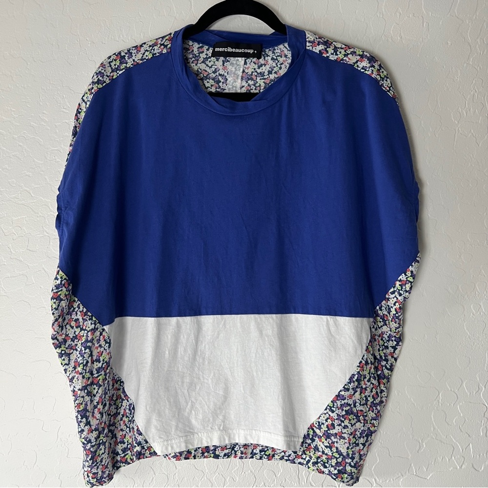 Mercibeaucoup by Issey Miyake Floral Blue White Oversize‎ Sleeveless Tee Small